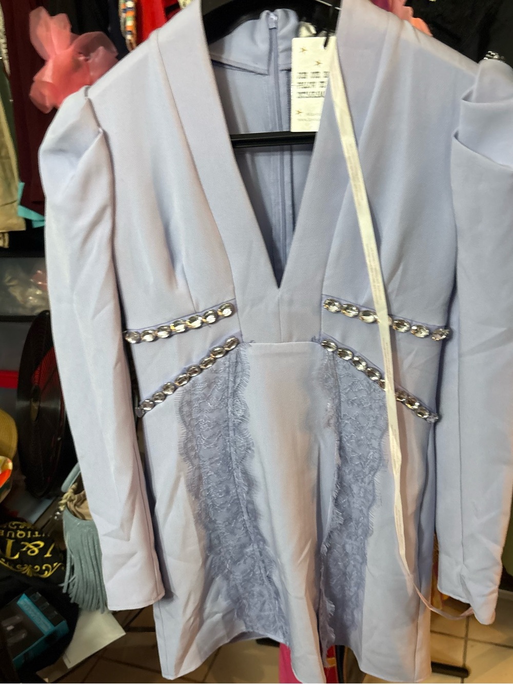 NWT Asos Lashes Baby Blue Lace-Trim Mini Dress with Jewel-Embellished Waist.